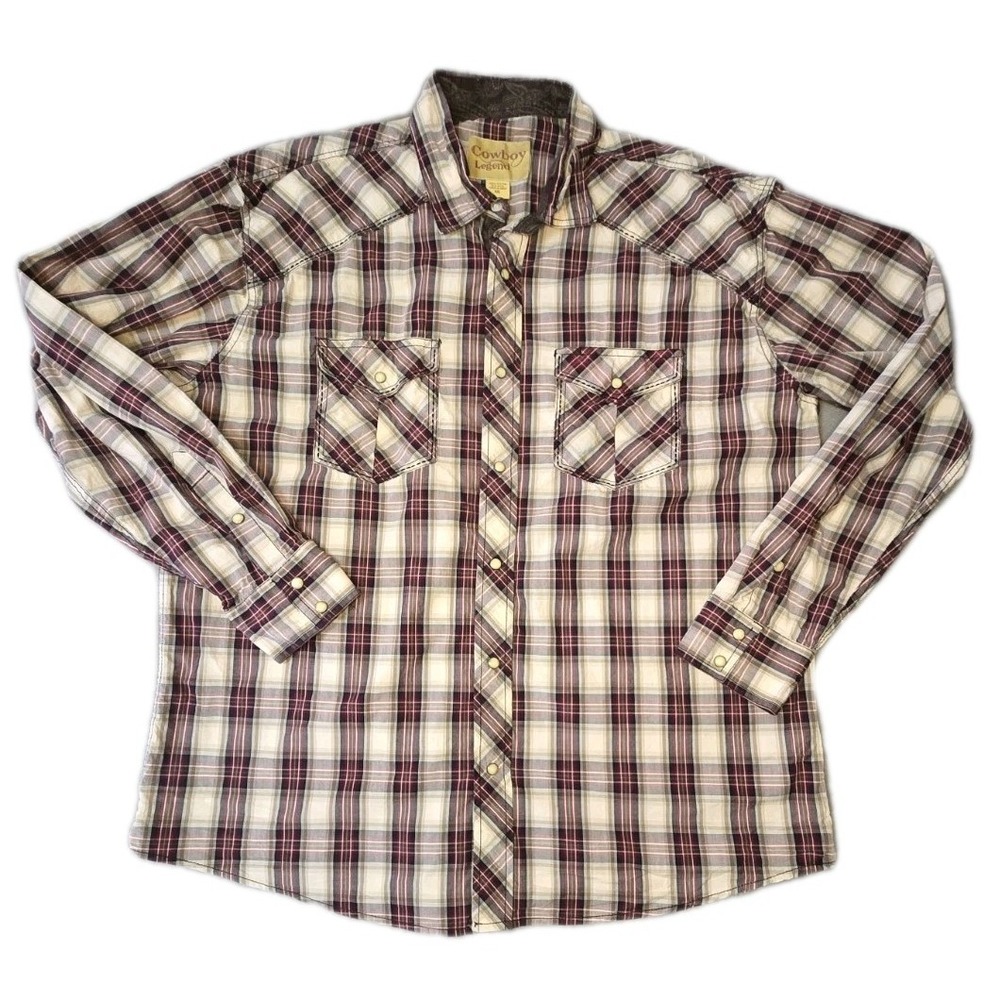 Cowboy Legend Mens XXL Pearl Snap Shirt Western Long Sleeve Plaid Print Red 2XL